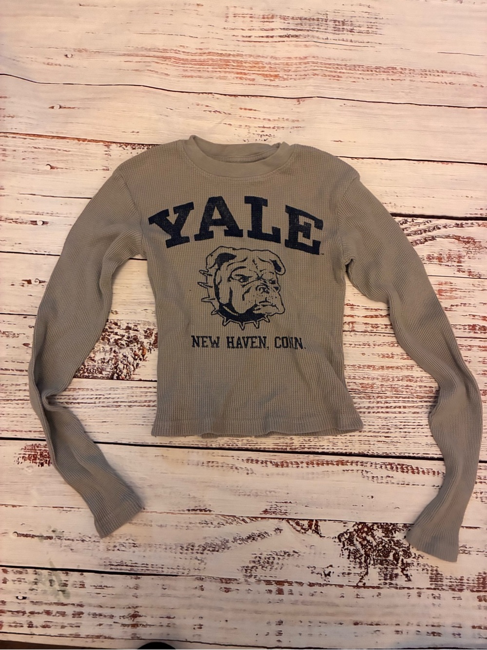 Beige Long-Sleeve Kids Thermal Tee with Bulldog Graphic